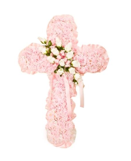 Cruz funeraria claveles rosas con detalle rosas de pitiminí