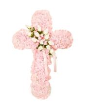 Cruz funeraria rosa con detalle floral